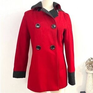 NAUTICA Wool Blend Women's Red Blue Pea Coat  Detachable Hood Size S